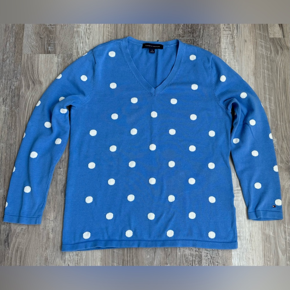 Tommy Hilfiger Womens Sweater Medium Blue White Polka Dot Long Sleeve V-Neck
